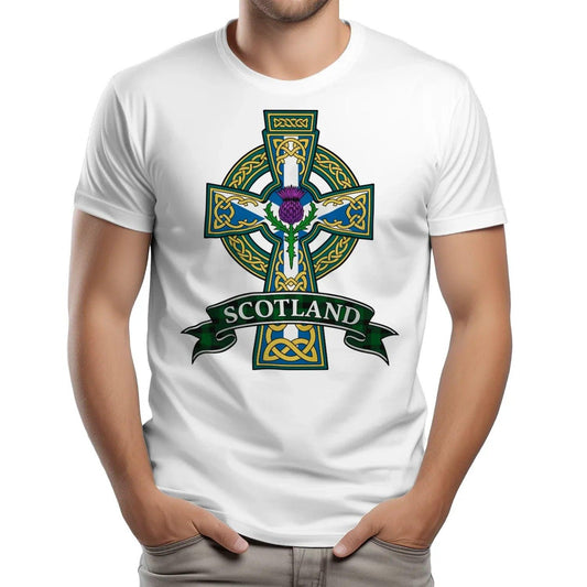 White T-shirt with Celtic cross and thistle emblem graphic, Scotland ribbon