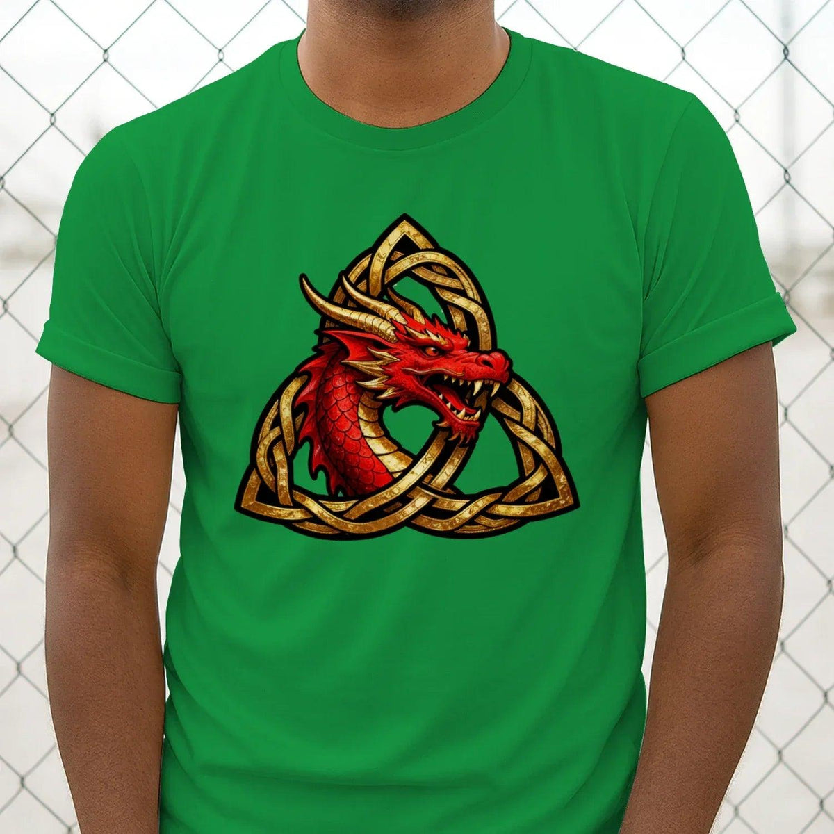 Kelly green unisex T-shirt with red dragon and gold Celtic triquetra knot graphic