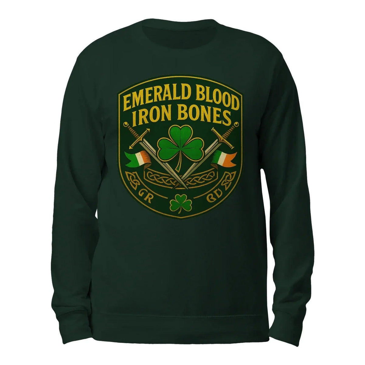 Forest green crewneck sweatshirt, back graphic: Emerald Blood Iron Bones emblem