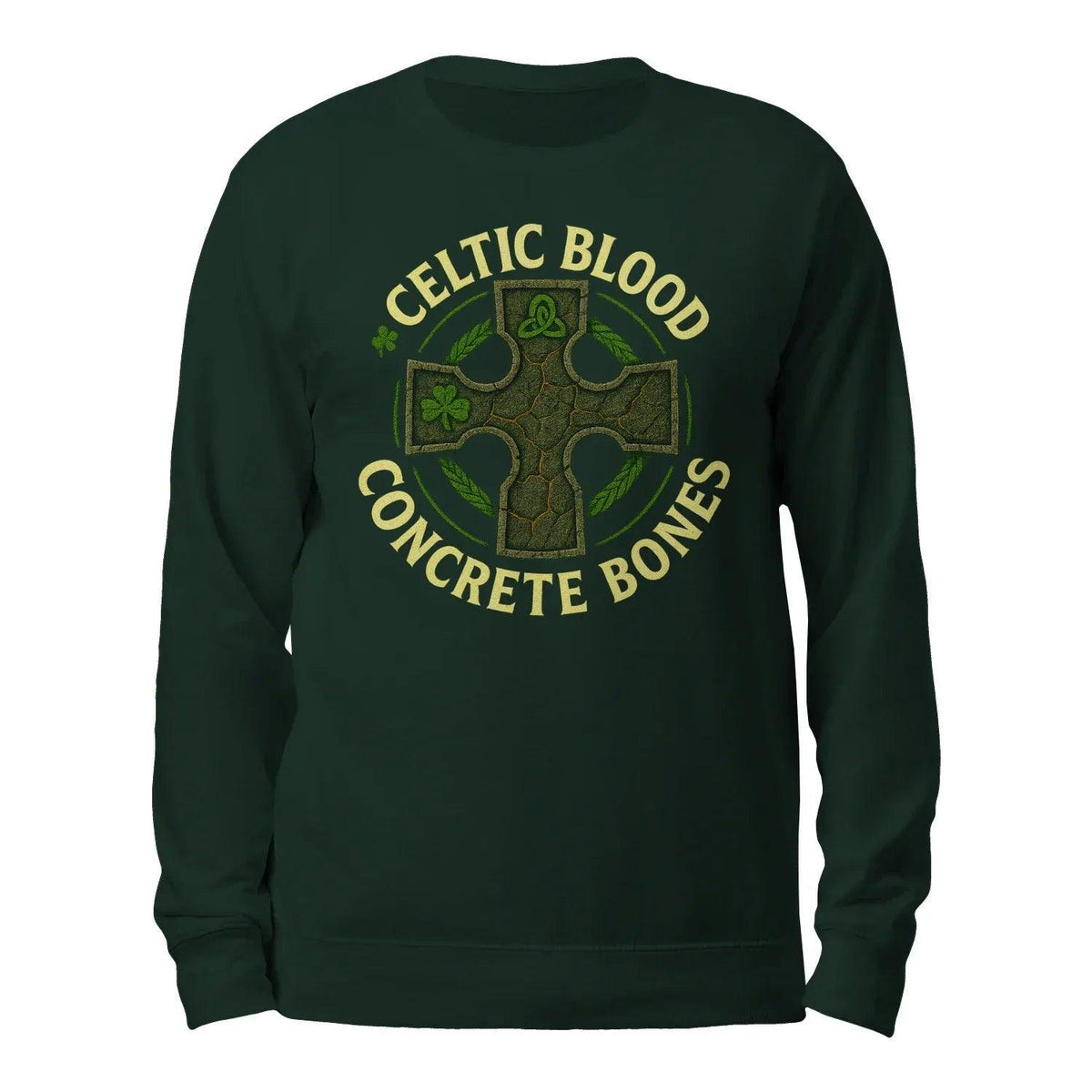 Dark green sweatshirt laid flat with front circular Celtic cross and bones graphic