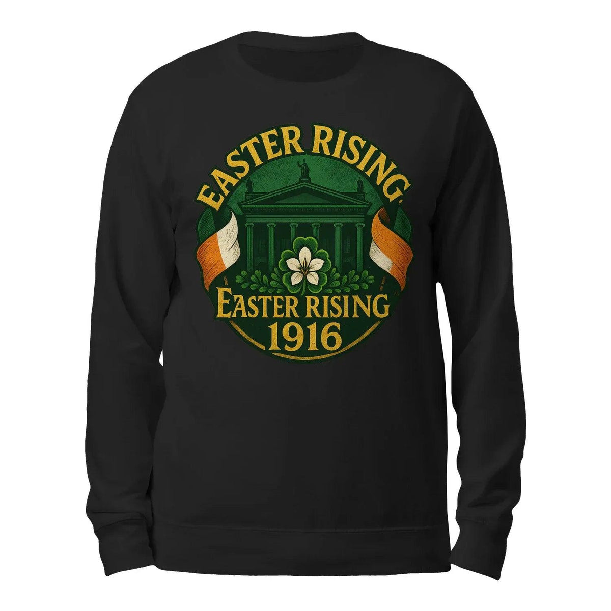Black crewneck sweatshirt with “Easter Rising 1916” front graphic, long sleeves