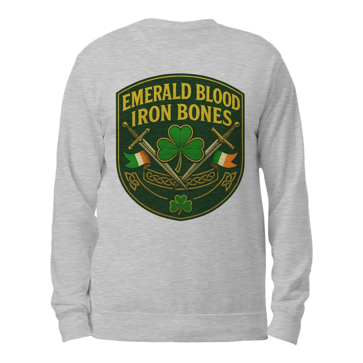 Heather grey sweatshirt, back view, shield graphic with clover and crossed bones