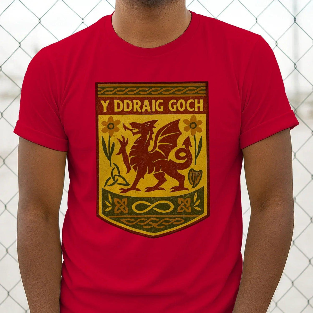 Men's classic T-shirt, red, Y Ddrag Goch shield logo centered on front