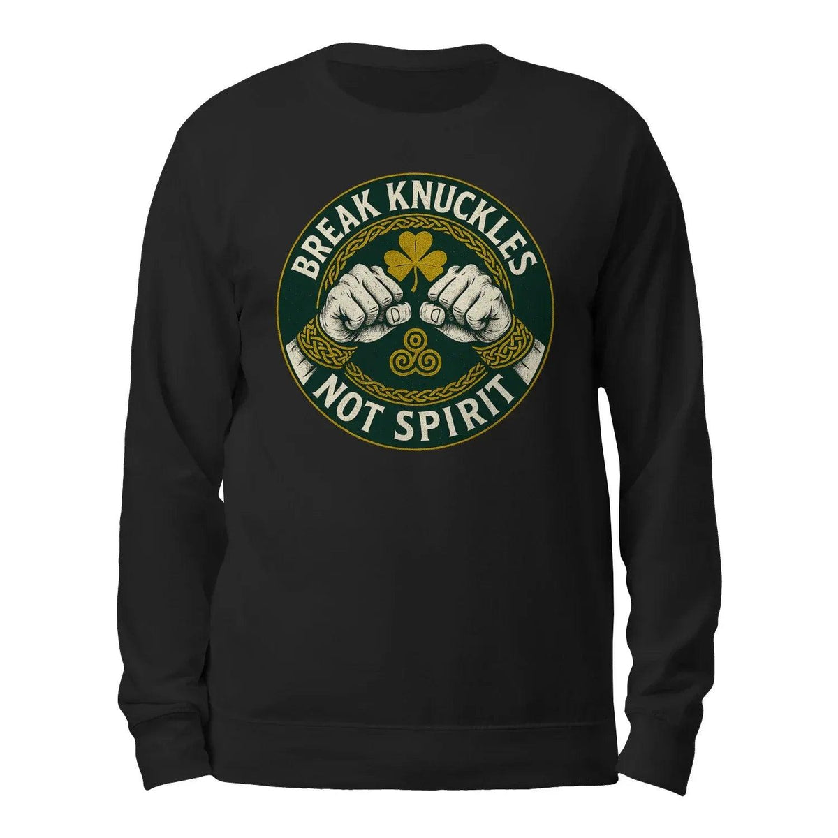 Black crewneck sweatshirt with back circular logo graphic of fists