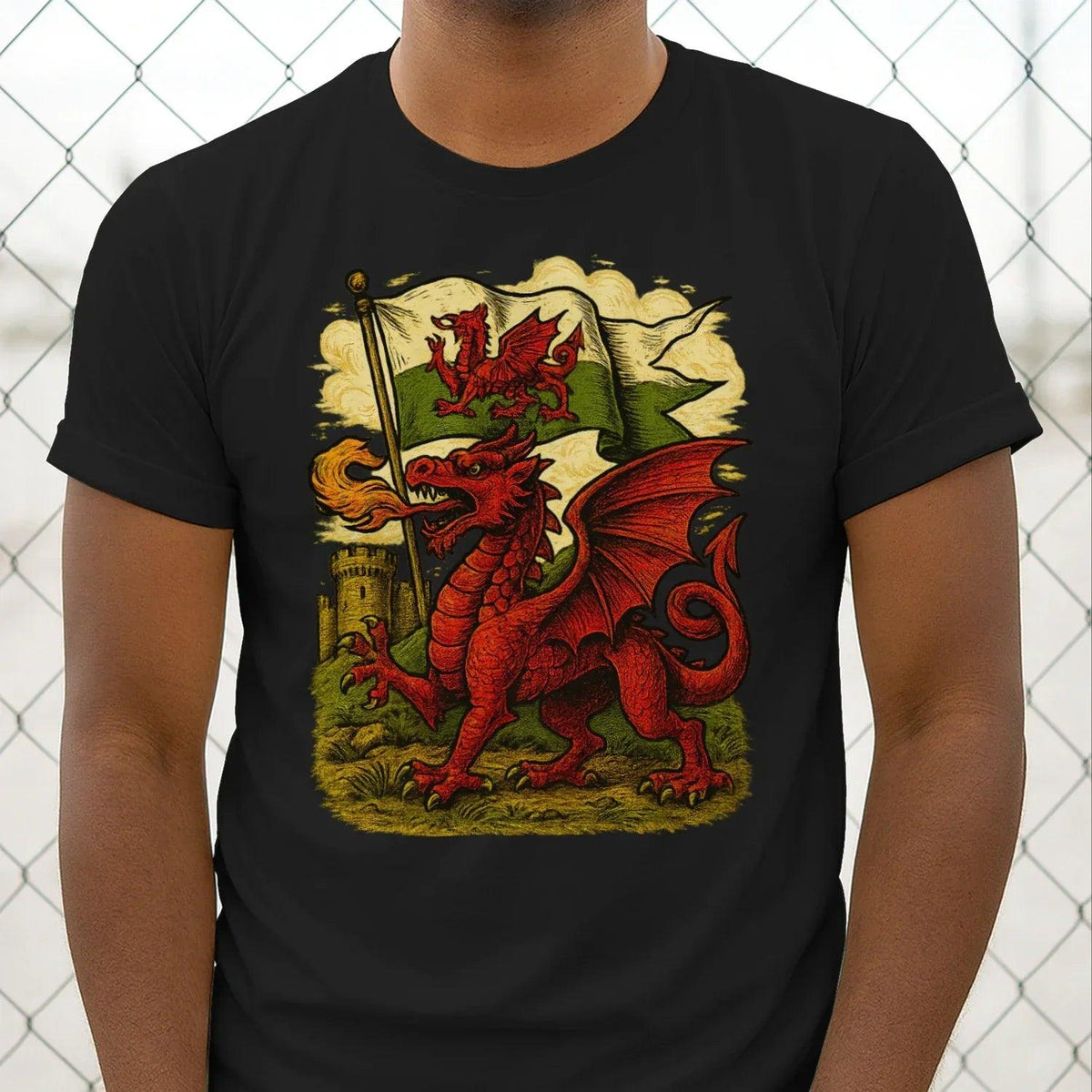 Men's T-shirt in black with large red dragon and Welsh flag front print