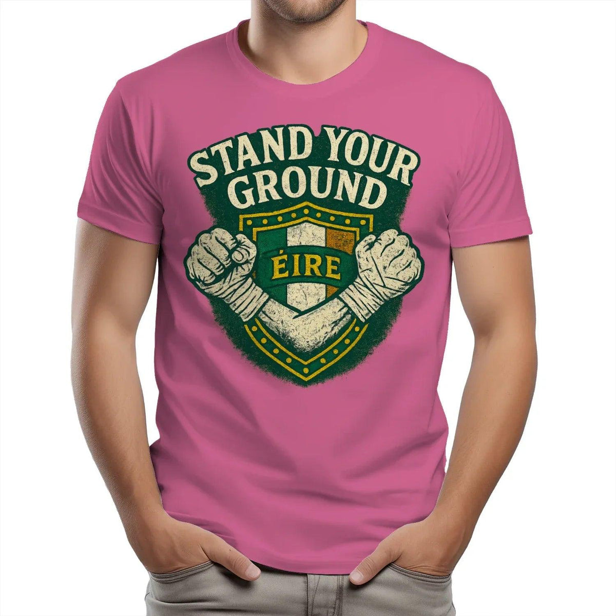 Heavy cotton T-shirt, azalea pink, crew neck, chest graphic with shield and arms