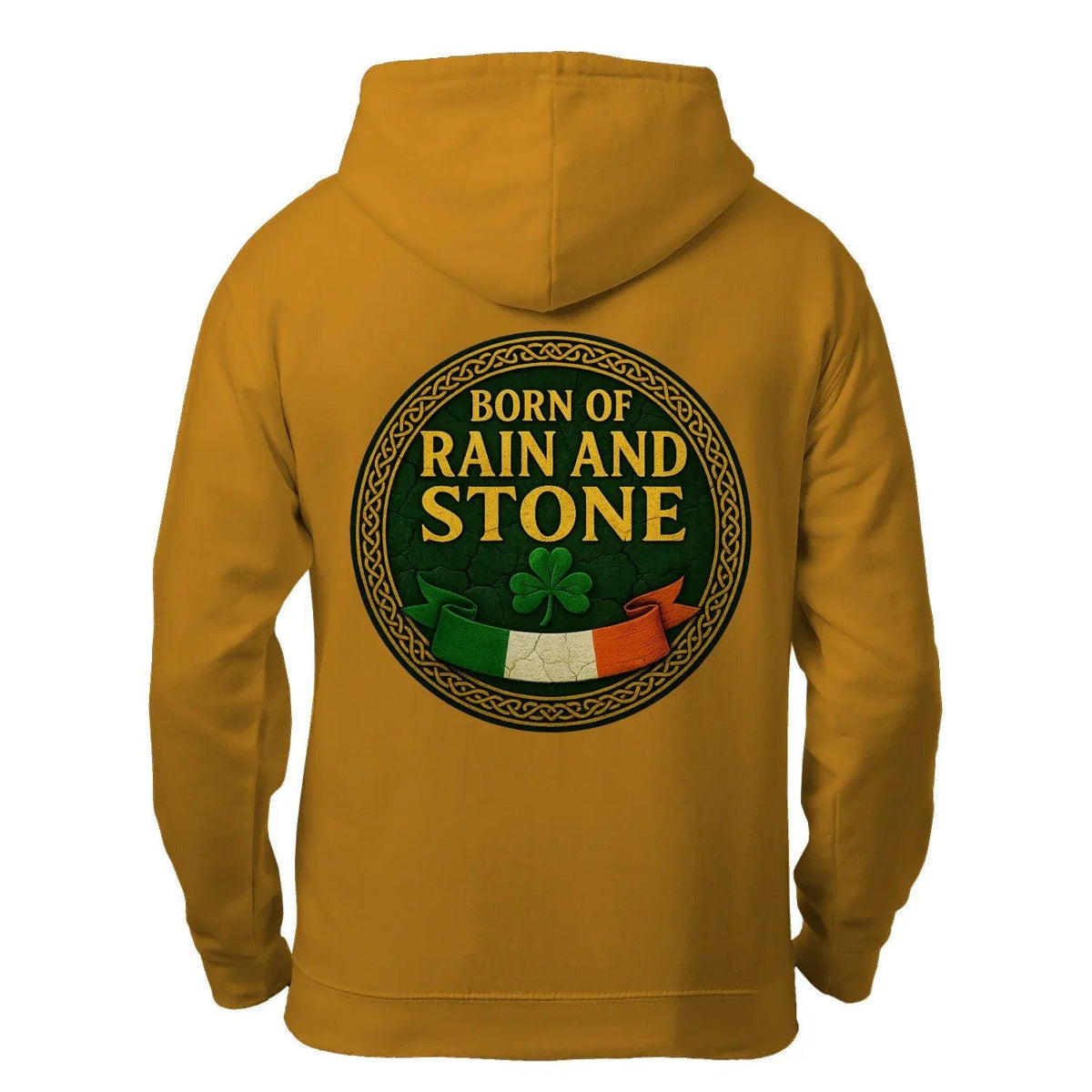 Mustard zip hoodie with hood, large back emblem featuring “Born of Rain and Stone”