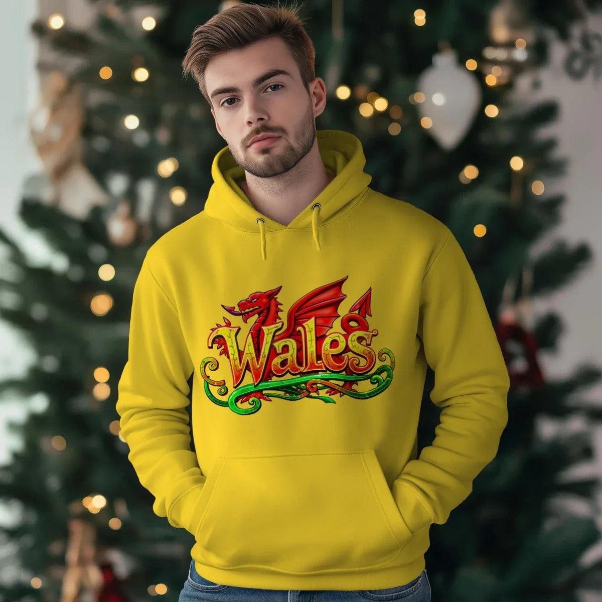 Sun yellow fleece hoodie with Wales dragon crest graphic, front hood and kangaroo pocket.