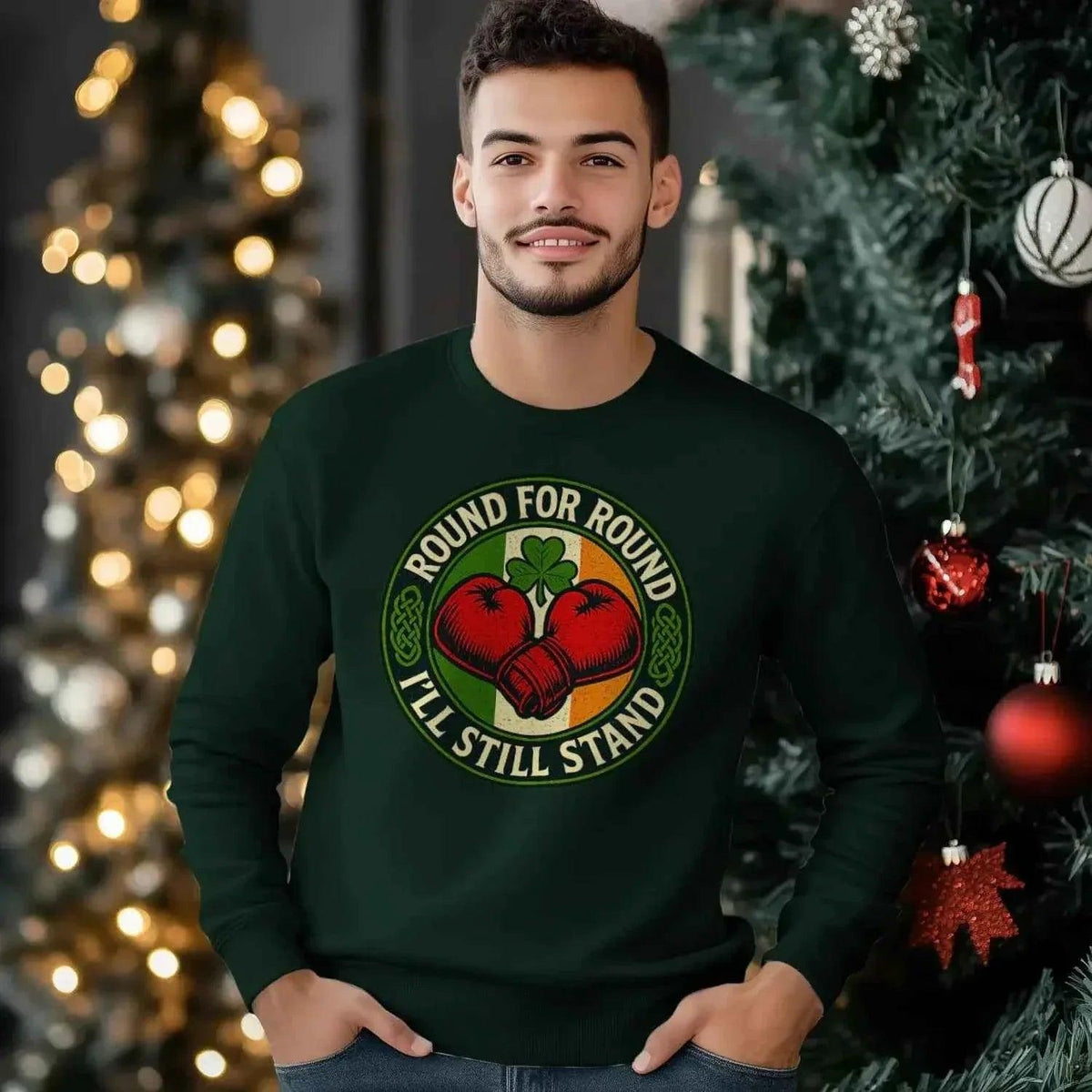 Dark green cotton sweatshirt on model with round chest graphic and long sleeves