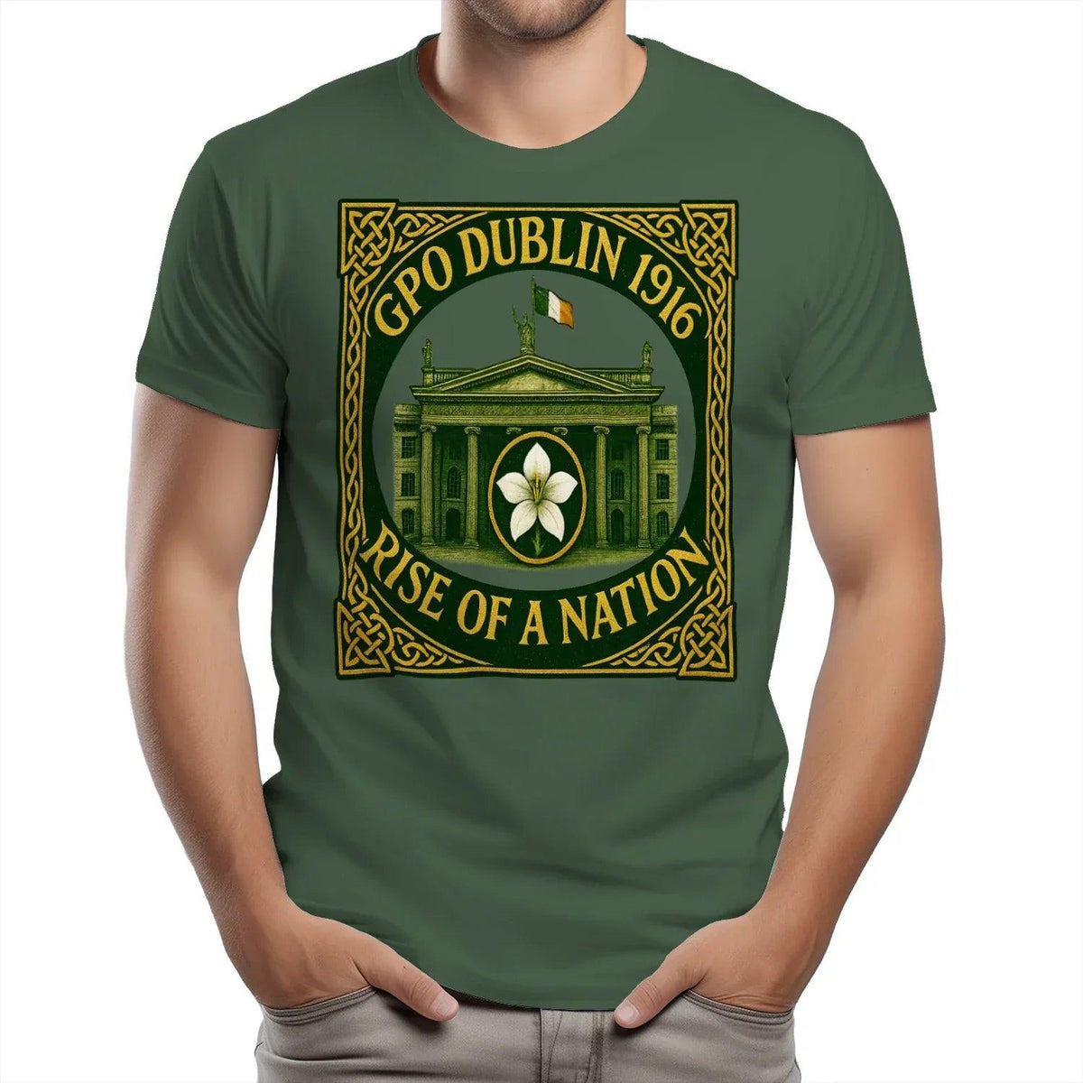Unisex heavy cotton T-shirt, deep green, front graphic close-up