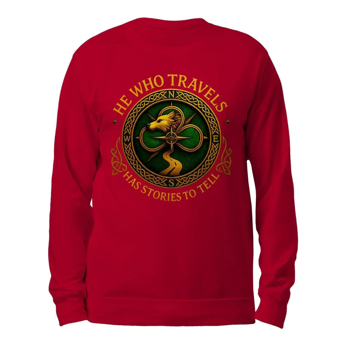Red crewneck sweatshirt with large golden back graphic and circular emblem text.
