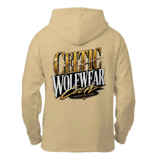Desert sand zip-up hoodie with hood; large back graphic print and logo text — Celtic heritage hoodie gift | Celtic Wolf Wear® UK