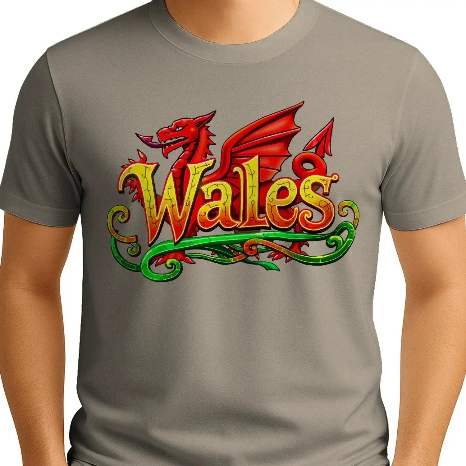 Sport grey cotton T-shirt with red Wales dragon and 'Wales' crest on chest