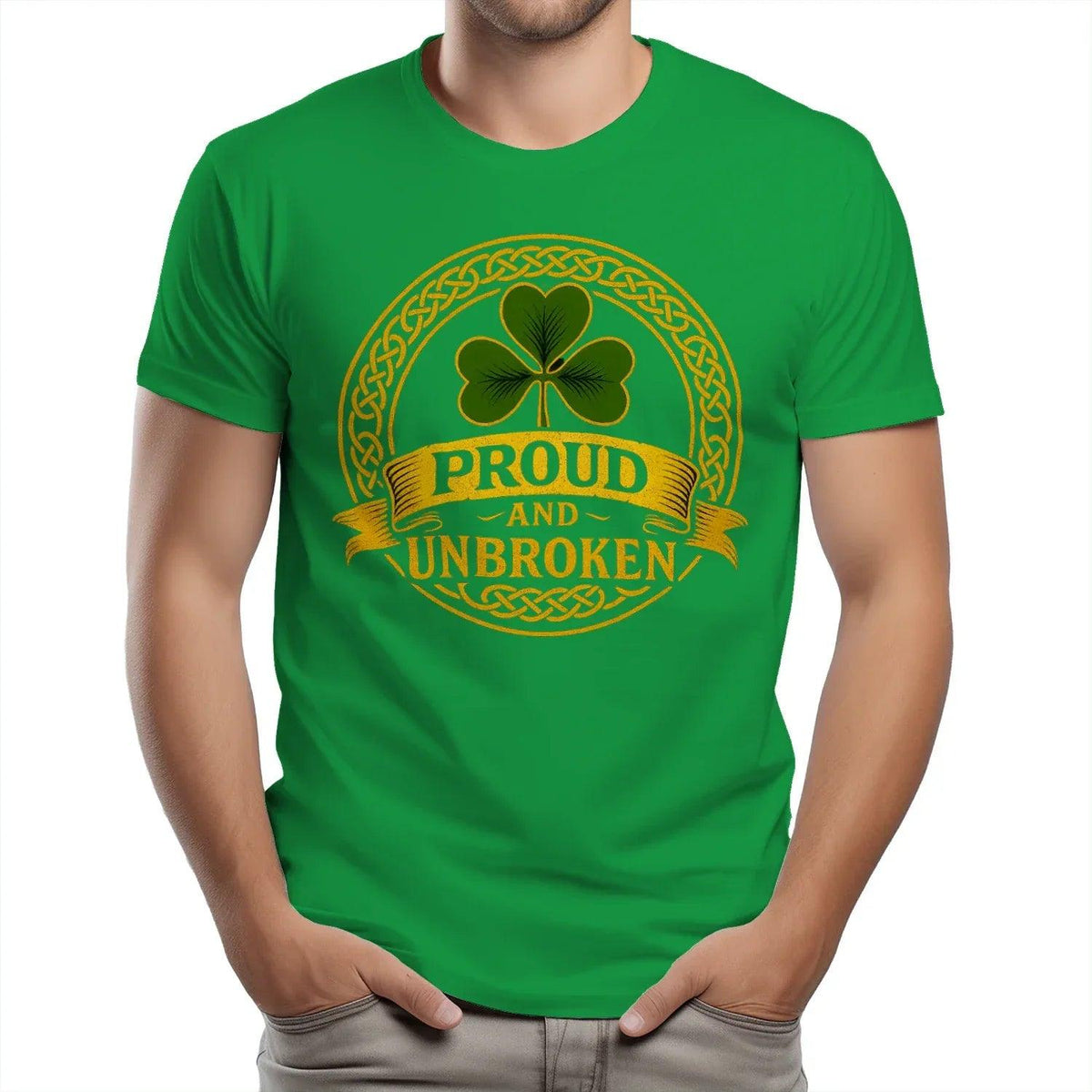 Irish green heavy cotton T-shirt with large front shamrock emblem and ribbon text