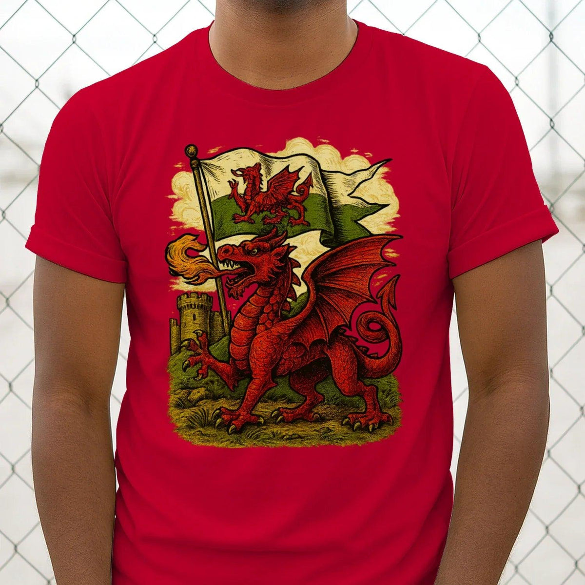 Men's red T-shirt featuring a dragon and Welsh flag graphic across the chest