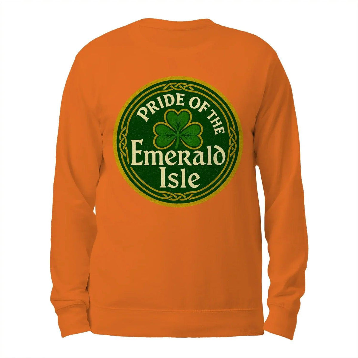 Orange sweatshirt with crew neck and green Emerald Isle logo, back