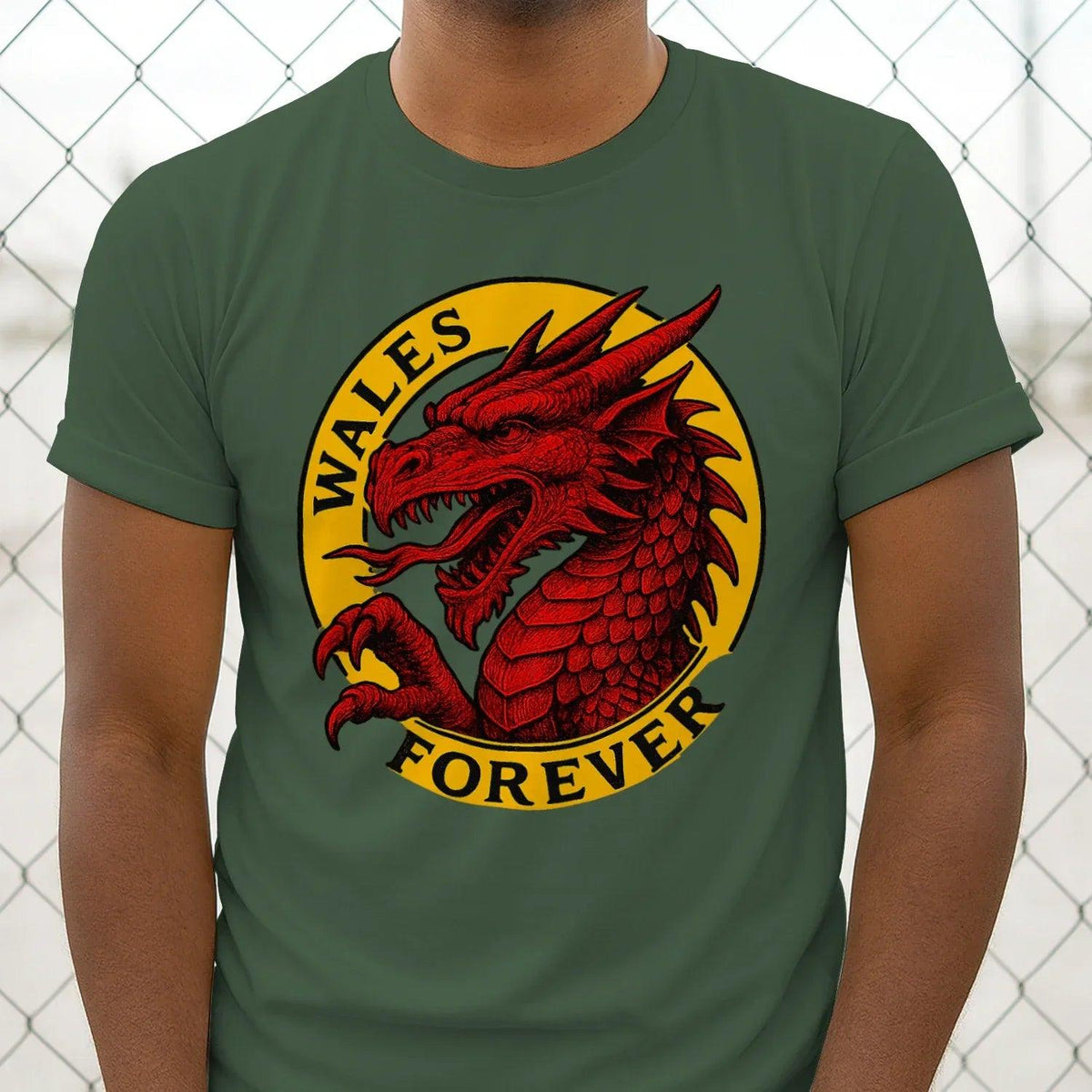 Dark green dragon graphic t-shirt with circular Wales Forever emblem on chest