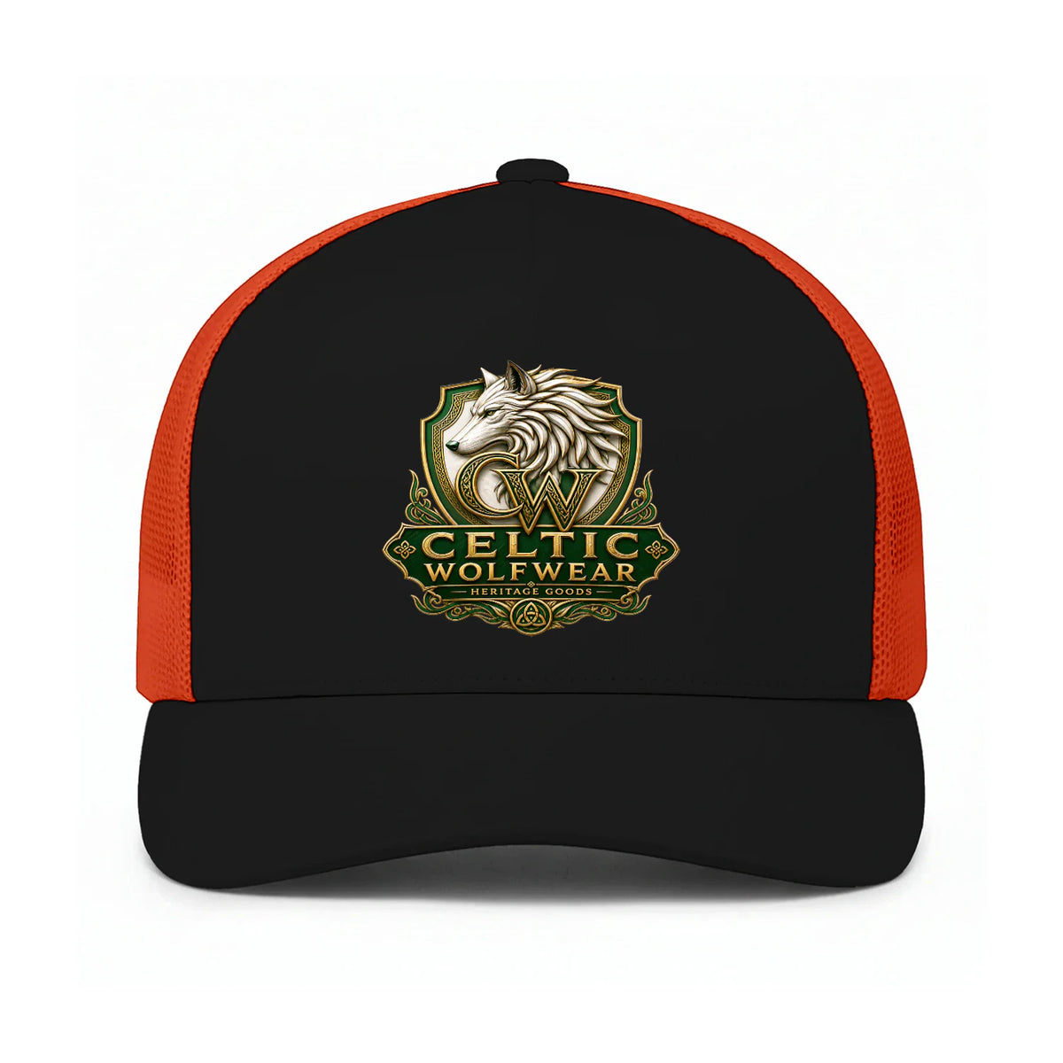 Black trucker cap with orange sides and front Celtic Wolf crest logo