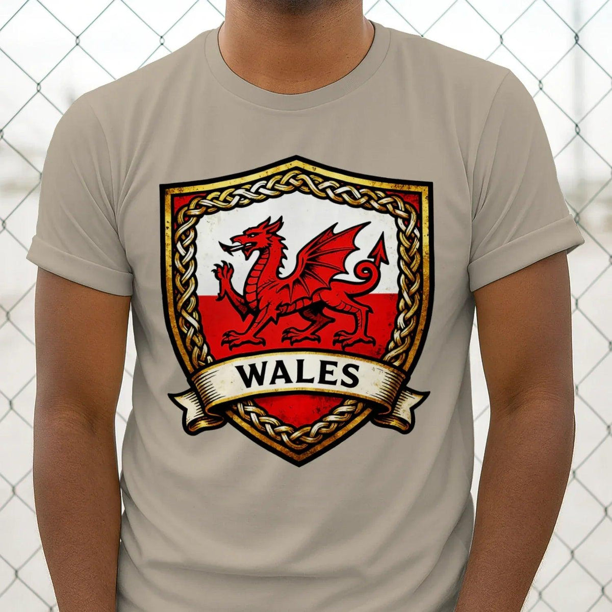 Sand cotton T-shirt with Wales heraldic dragon shield crest on front