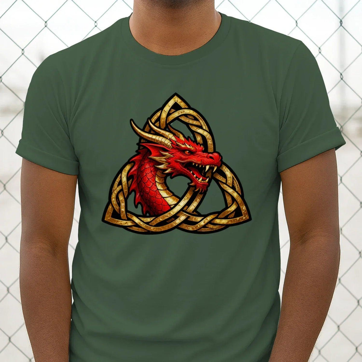 Dark green unisex T-shirt with centered red dragon head and gold Celtic triquetra knot