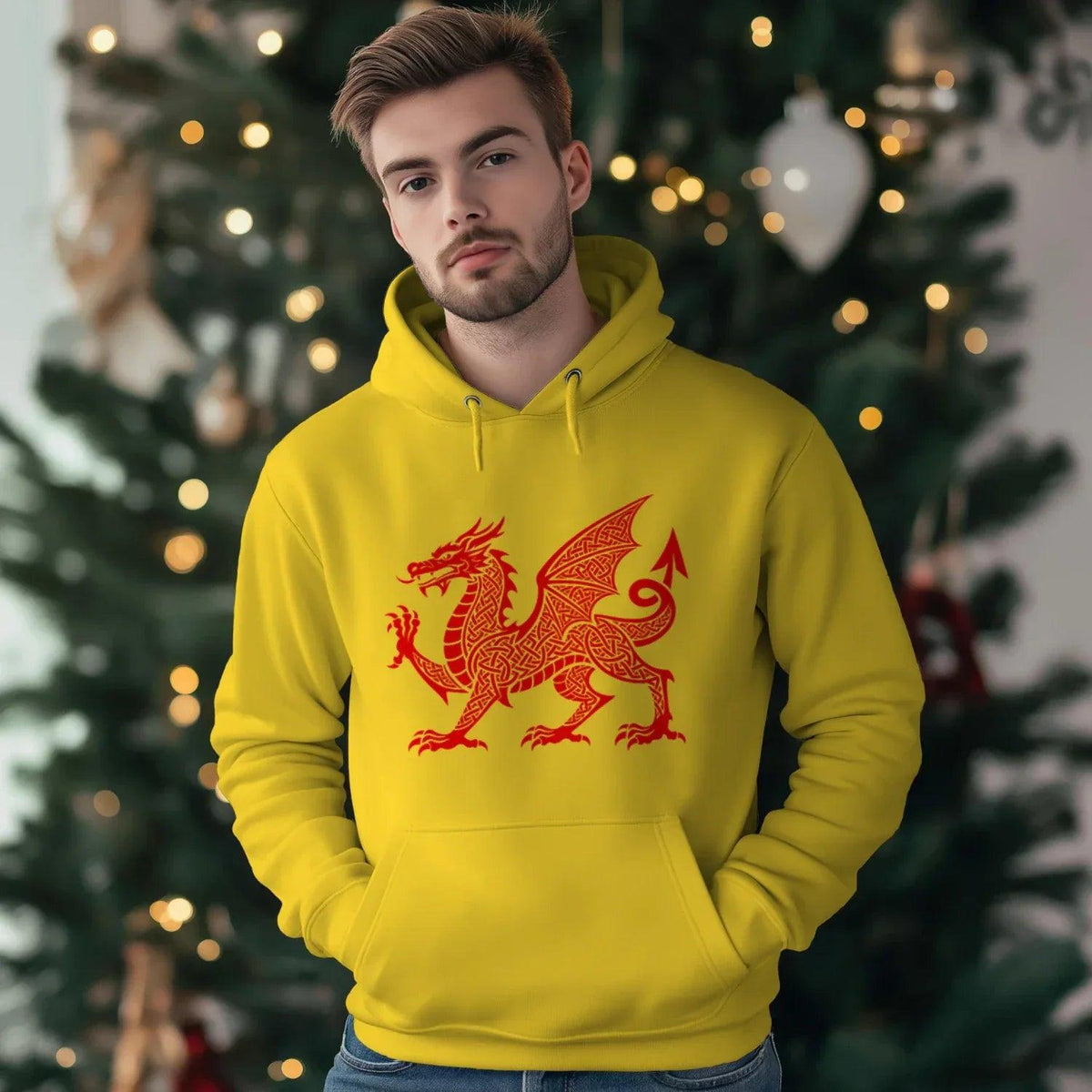 Yellow hoodie with red Welsh dragon graphic, pullover hood and kangaroo pocket