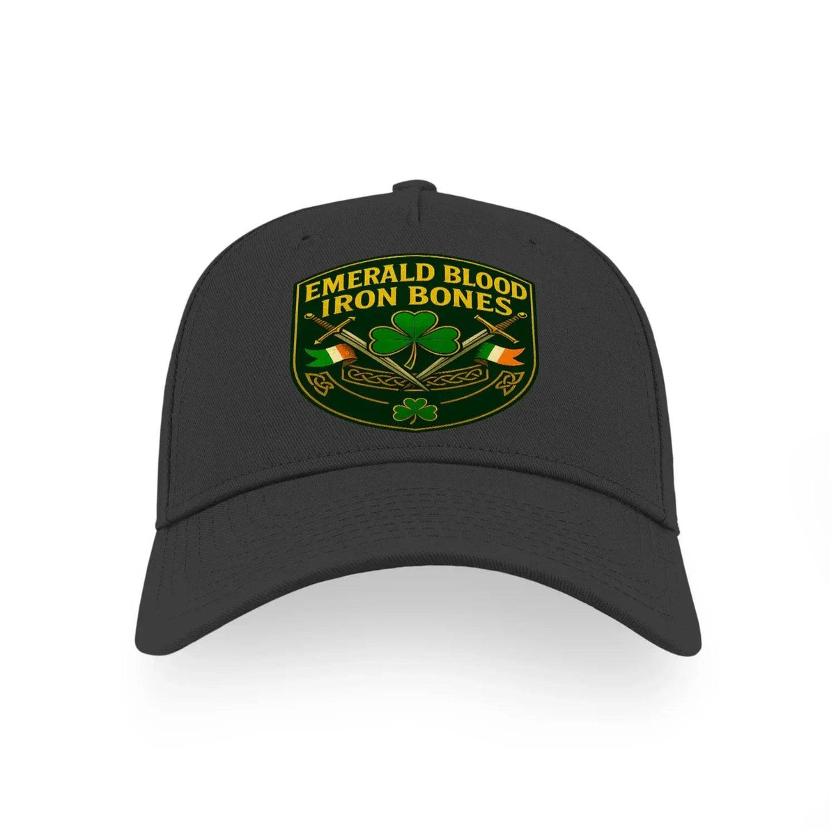 Black sports cap with 'Emerald Blood Iron Bones' front logo.