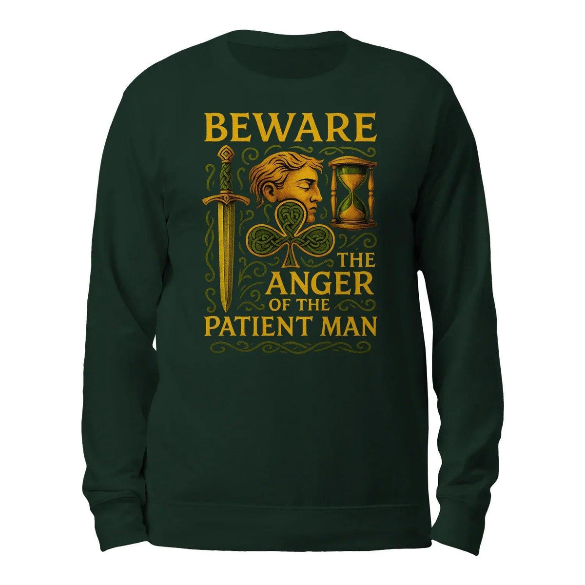 Dark green sweatshirt with front graphic text and hourglass illustration