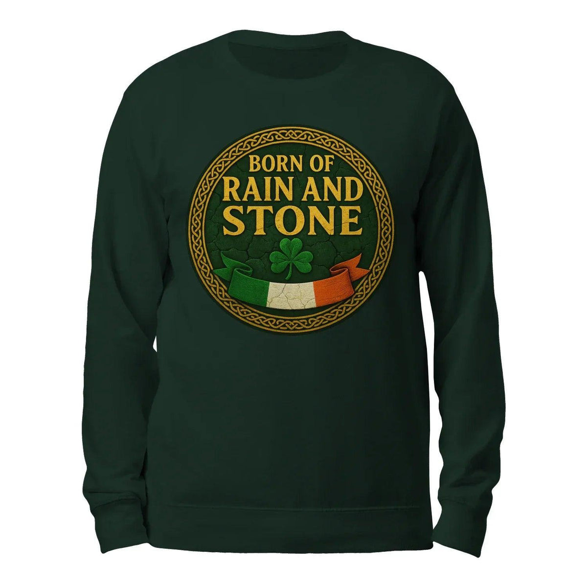 Green crewneck sweatshirt with large Born of Rain and Stone graphic on back