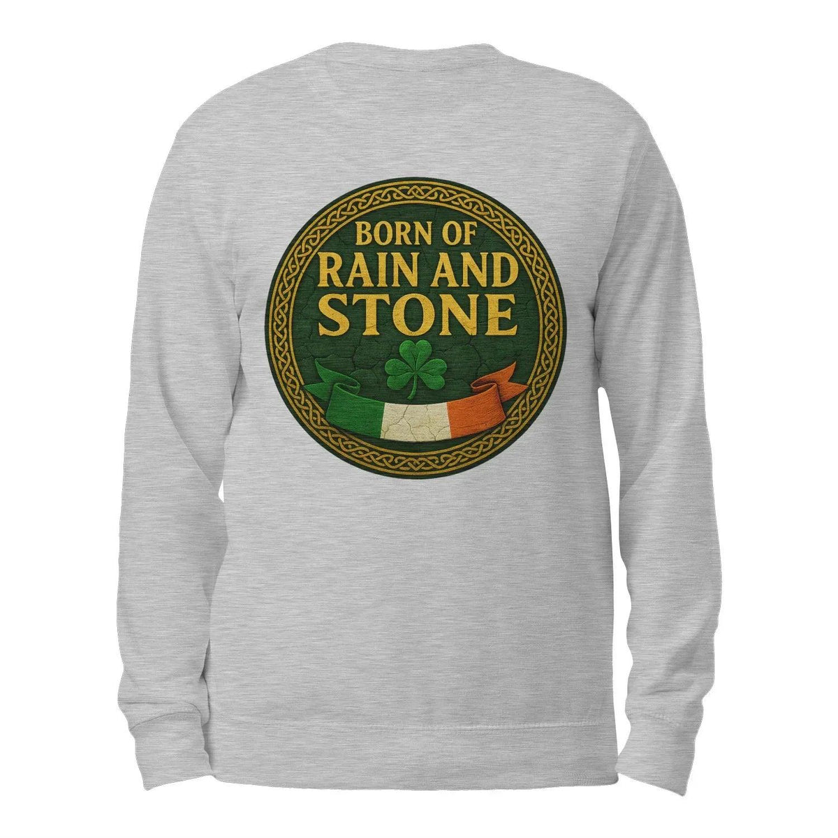 Heather gray crewneck sweatshirt with Born of Rain and Stone graphic on back