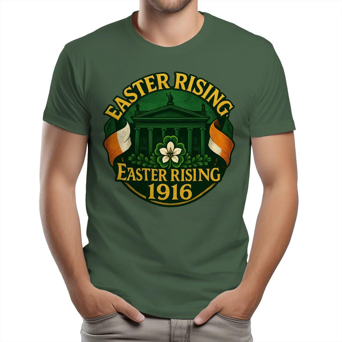 Unisex T-shirt in dark green with 'Easter Rising 1916' crest graphic