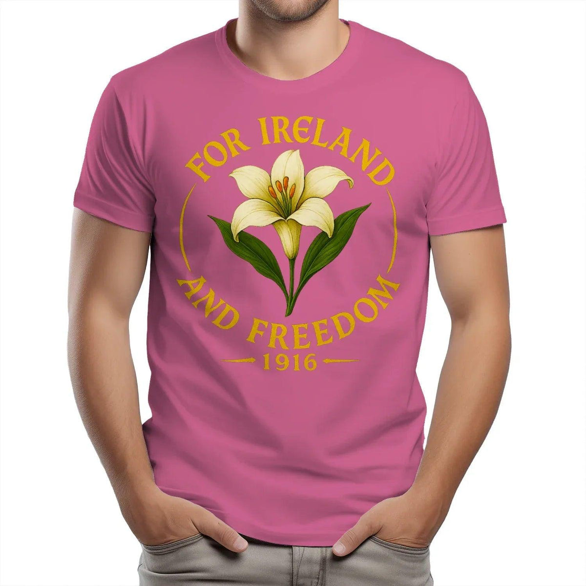 Purple cotton T-shirt with large flower and 'For Ireland and Freedom 1916' text