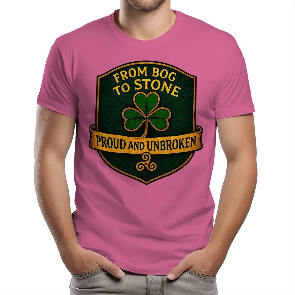 Pink crew-neck T-shirt with large front shield clover logo "Proud and Unbroken"