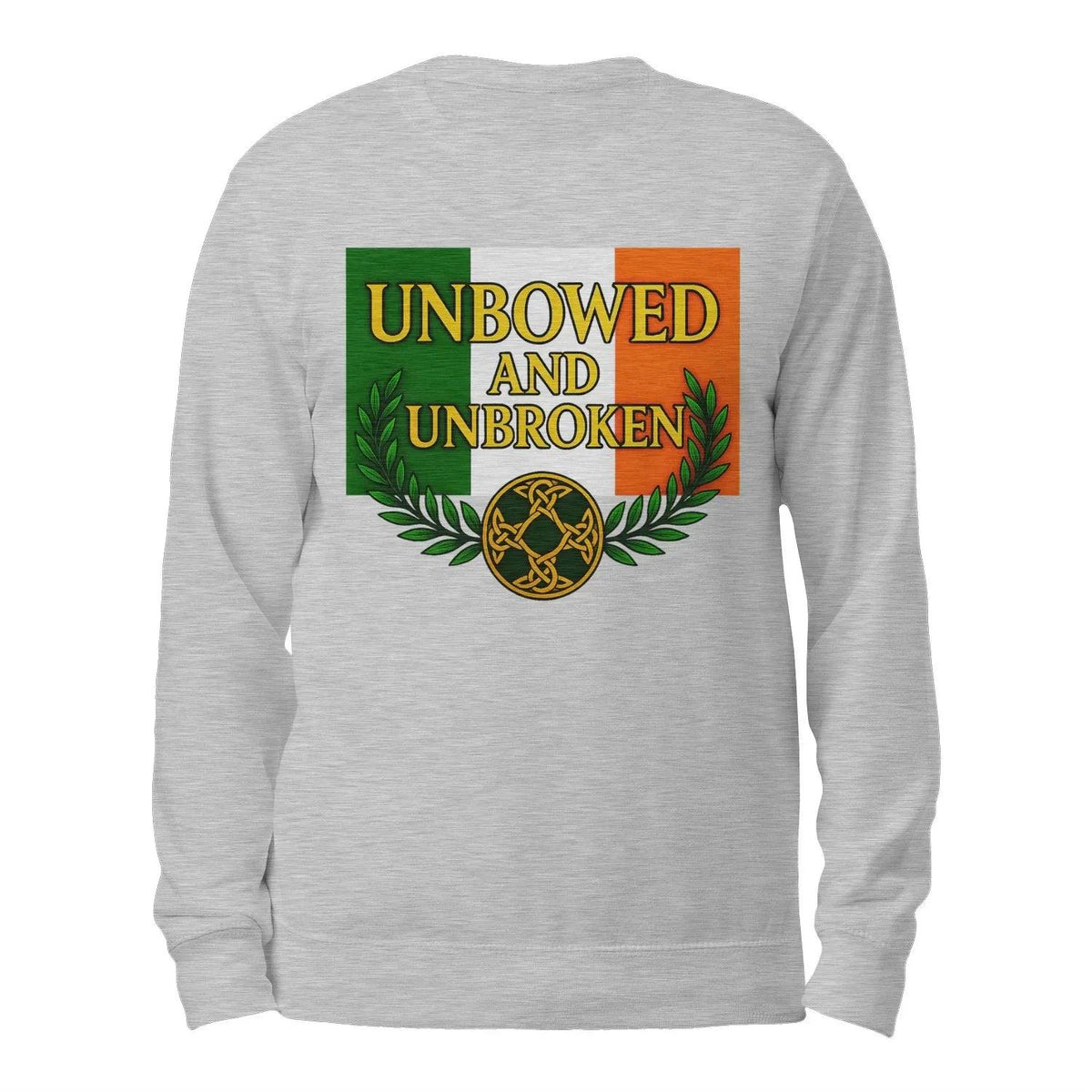 Heather gray crewneck sweatshirt with “UNBOWED AND UNBROKEN” logo graphic on back