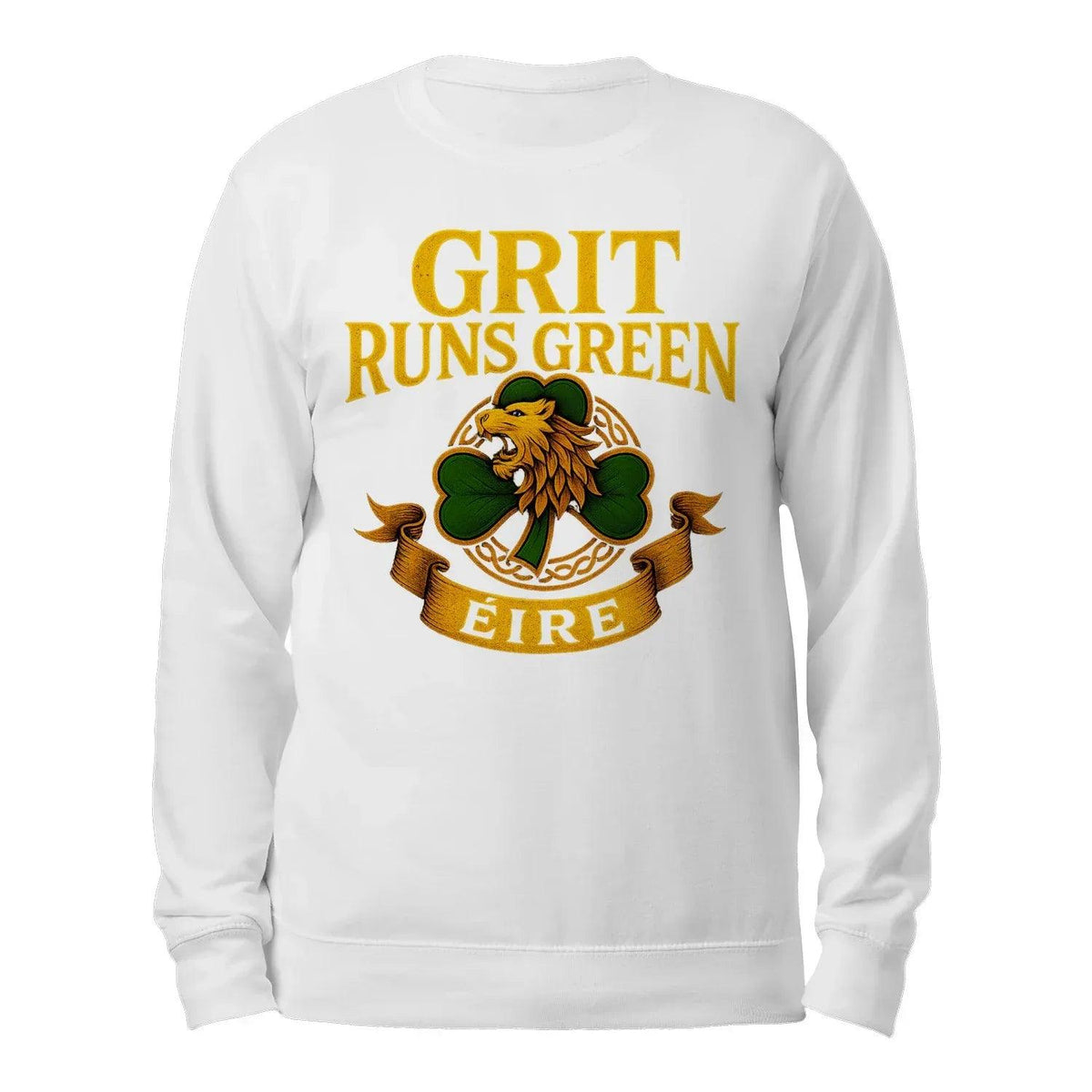 White crewneck sweatshirt with 'GRIT RUNS GREEN' graphic and EIRE crest.