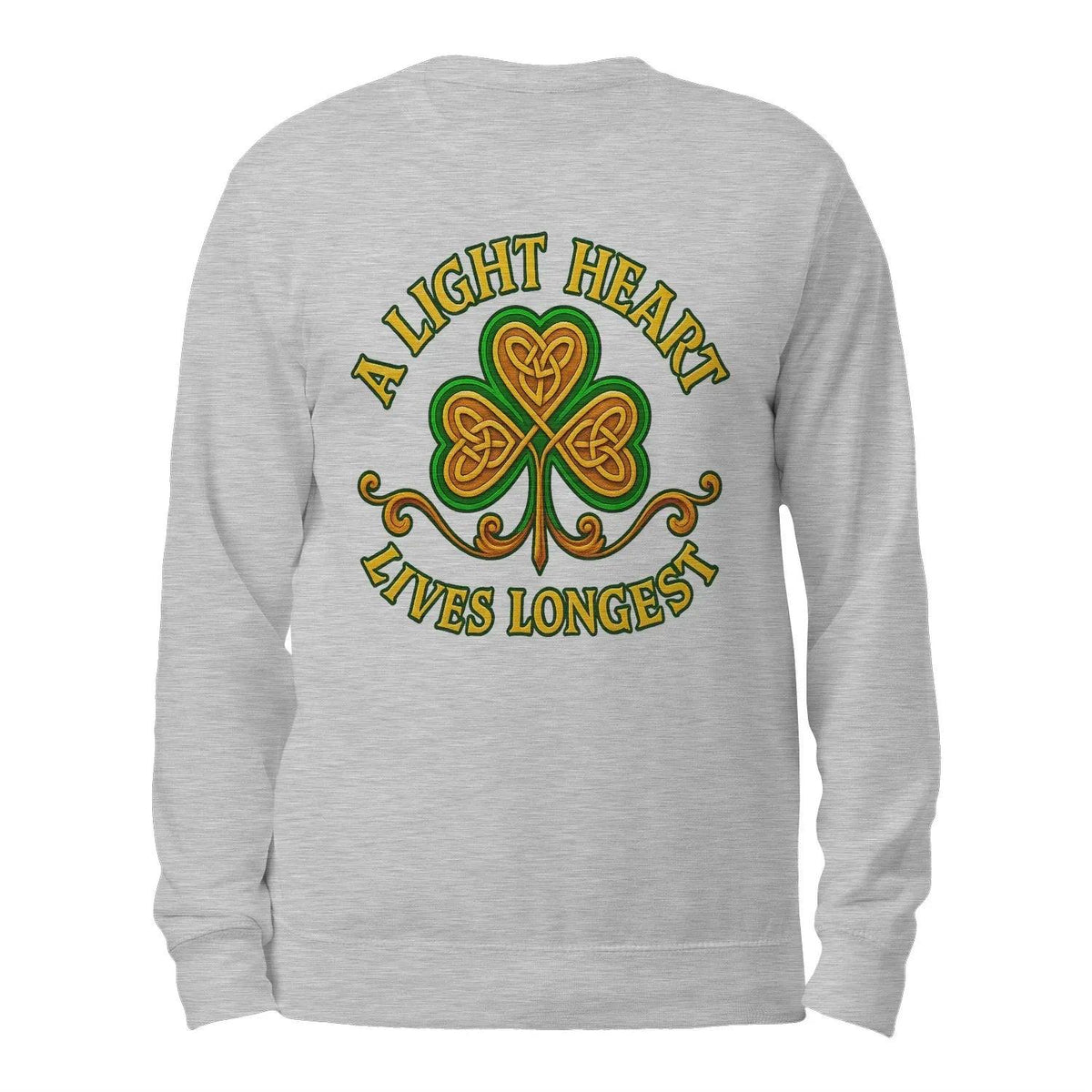 Light heather gray sweatshirt with clover graphic and text printed on back