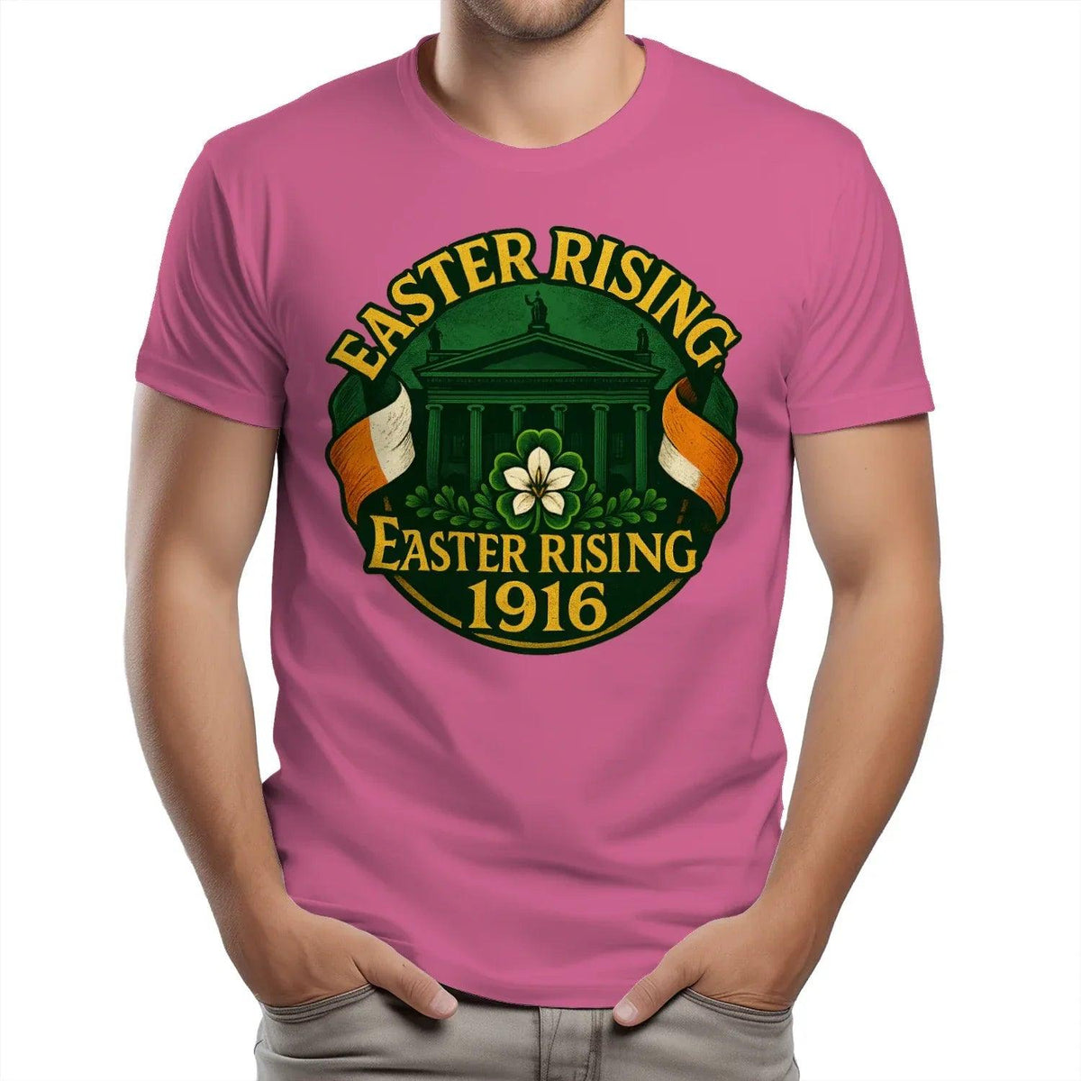 Pink unisex T-shirt with 'Easter Rising 1916' crest graphic on chest