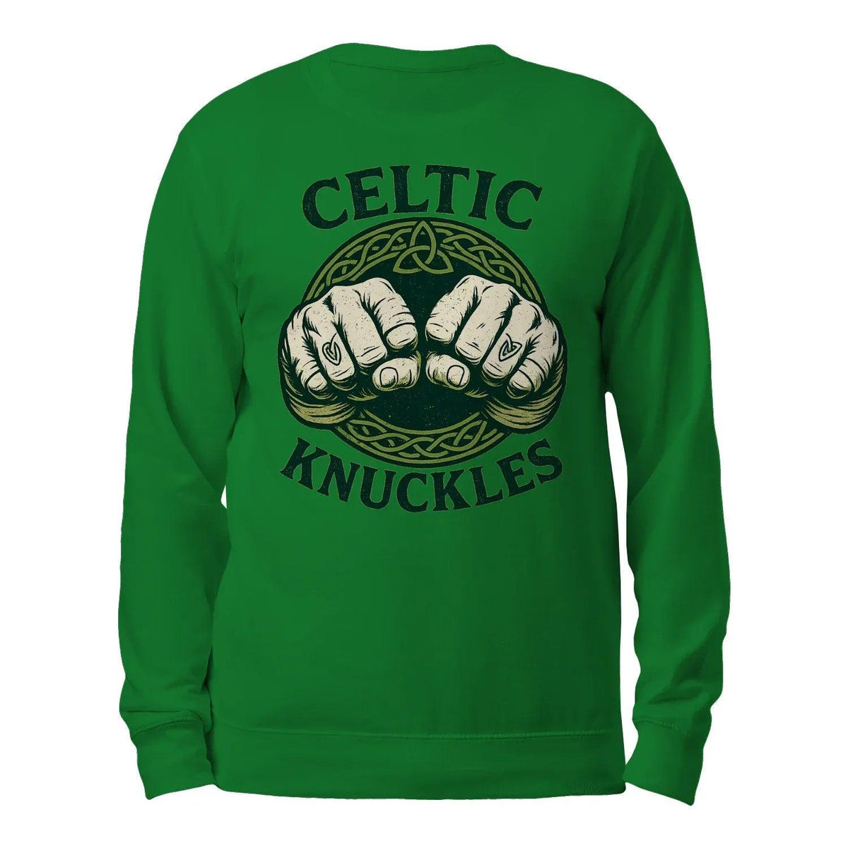 Green Celtic Knuckles sweatshirt with printed fist and knot graphic, crewneck