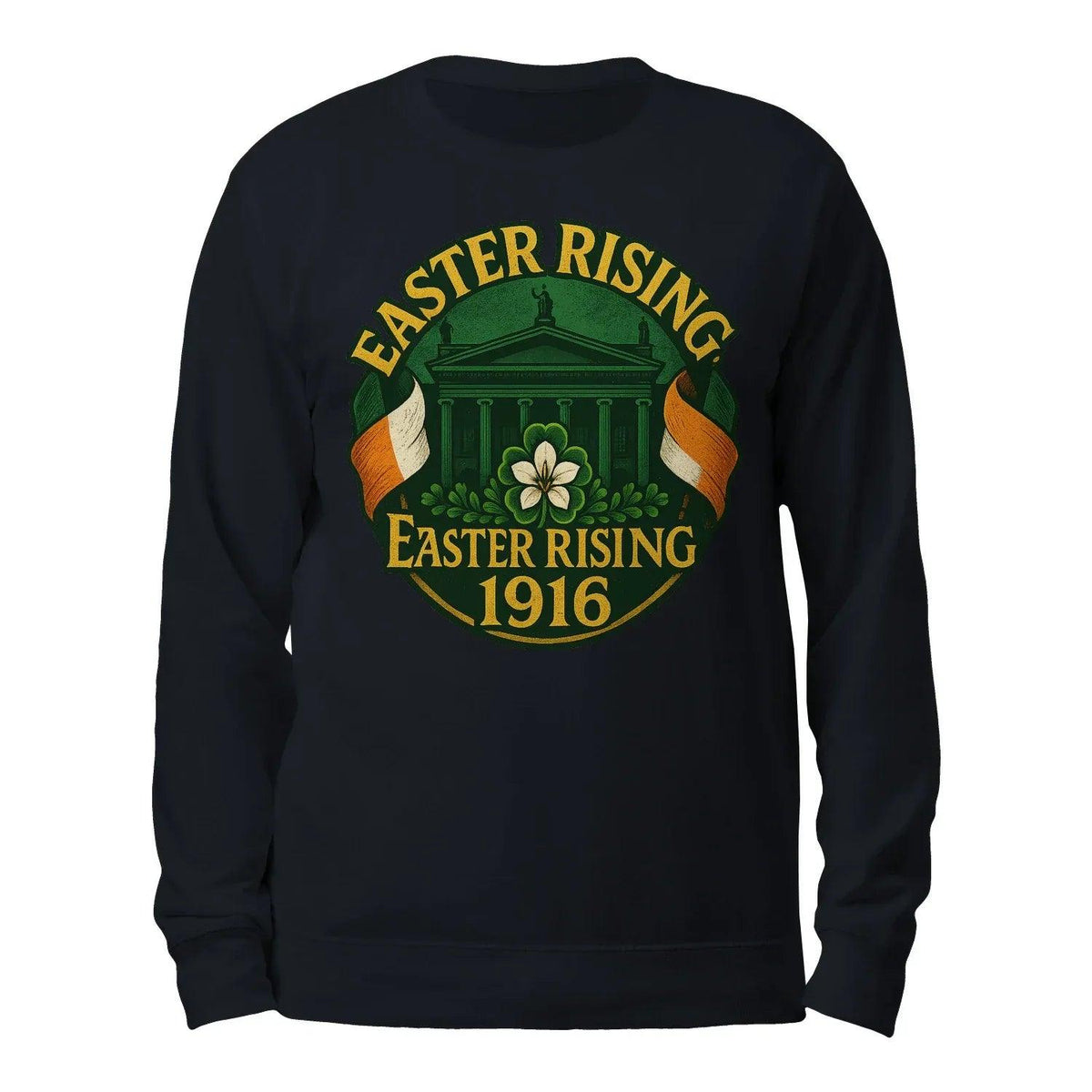 Navy crewneck sweatshirt with “Easter Rising 1916” back graphic, long sleeves