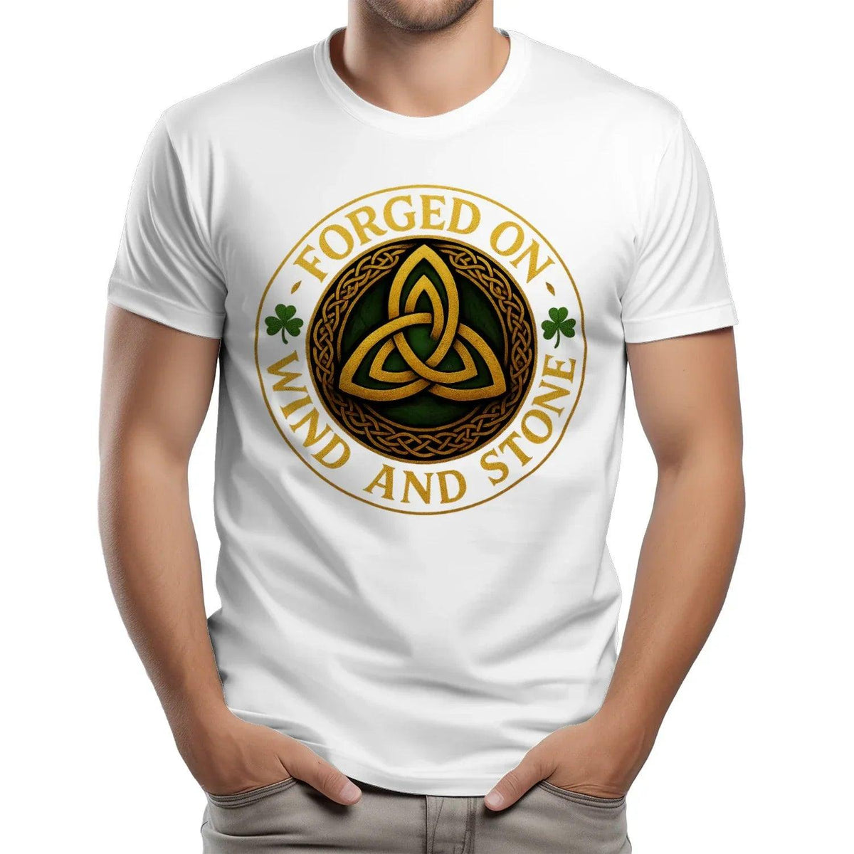 Men's white T-shirt with circular Celtic knot emblem on chest