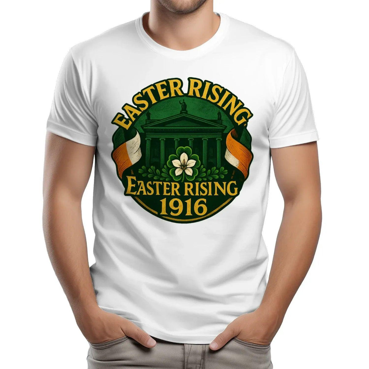 White unisex T-shirt with green Easter Rising 1916 front graphic