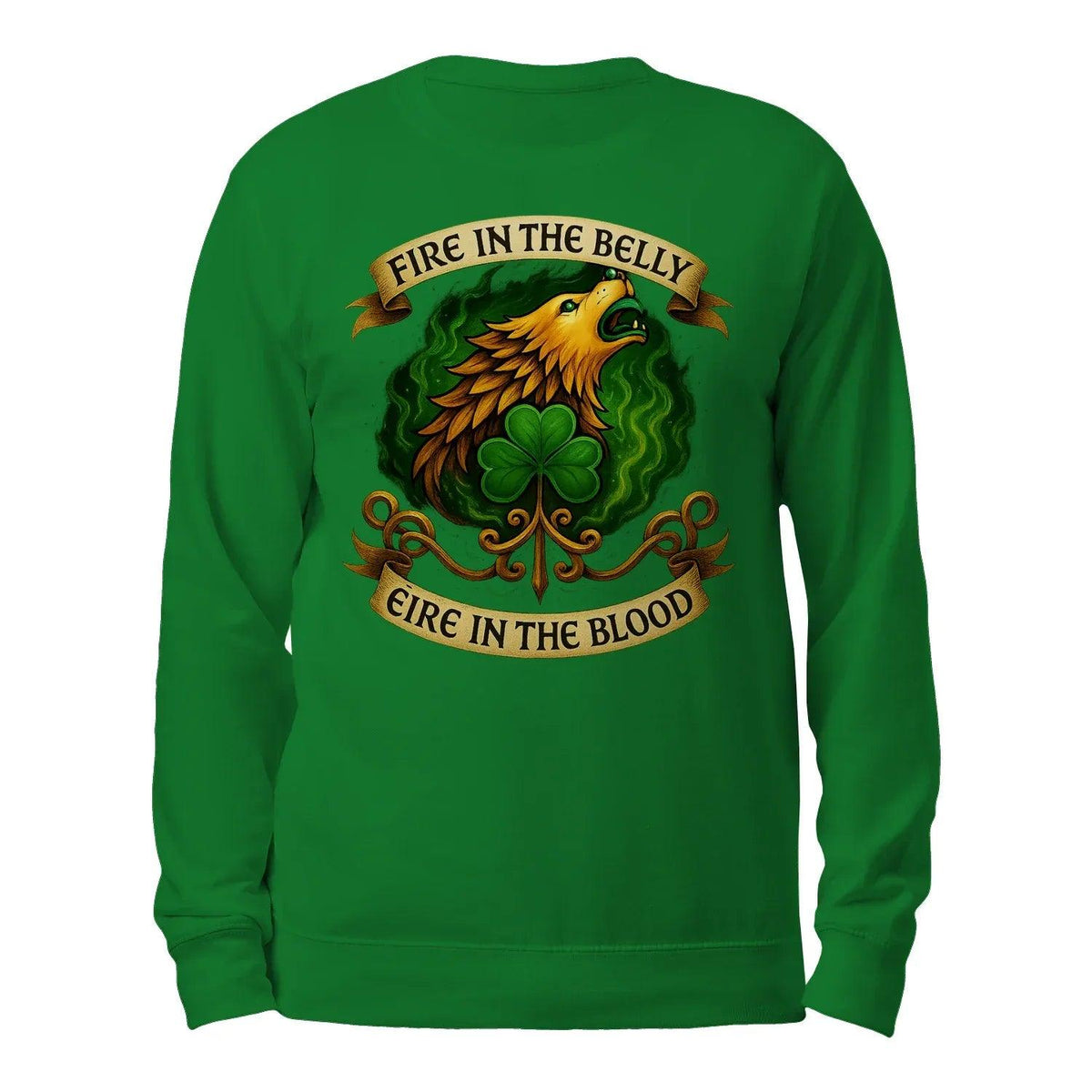 Green pullover sweatshirt, back view, rooster-clover graphic with ribbon text