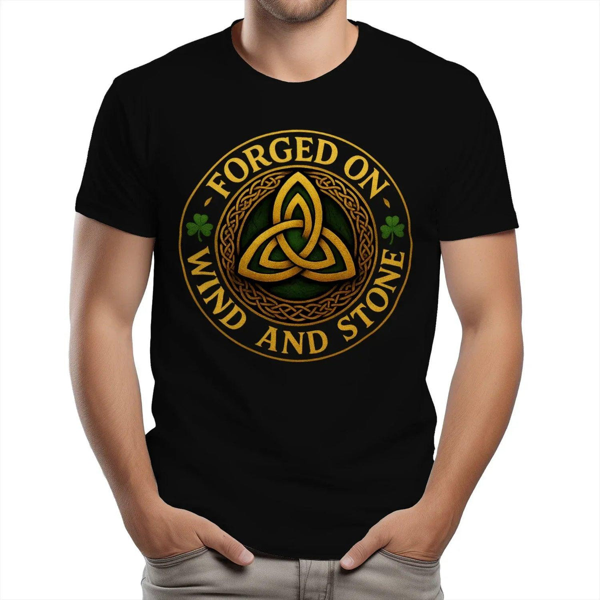 Men's black T-shirt with circular Celtic knot emblem on chest