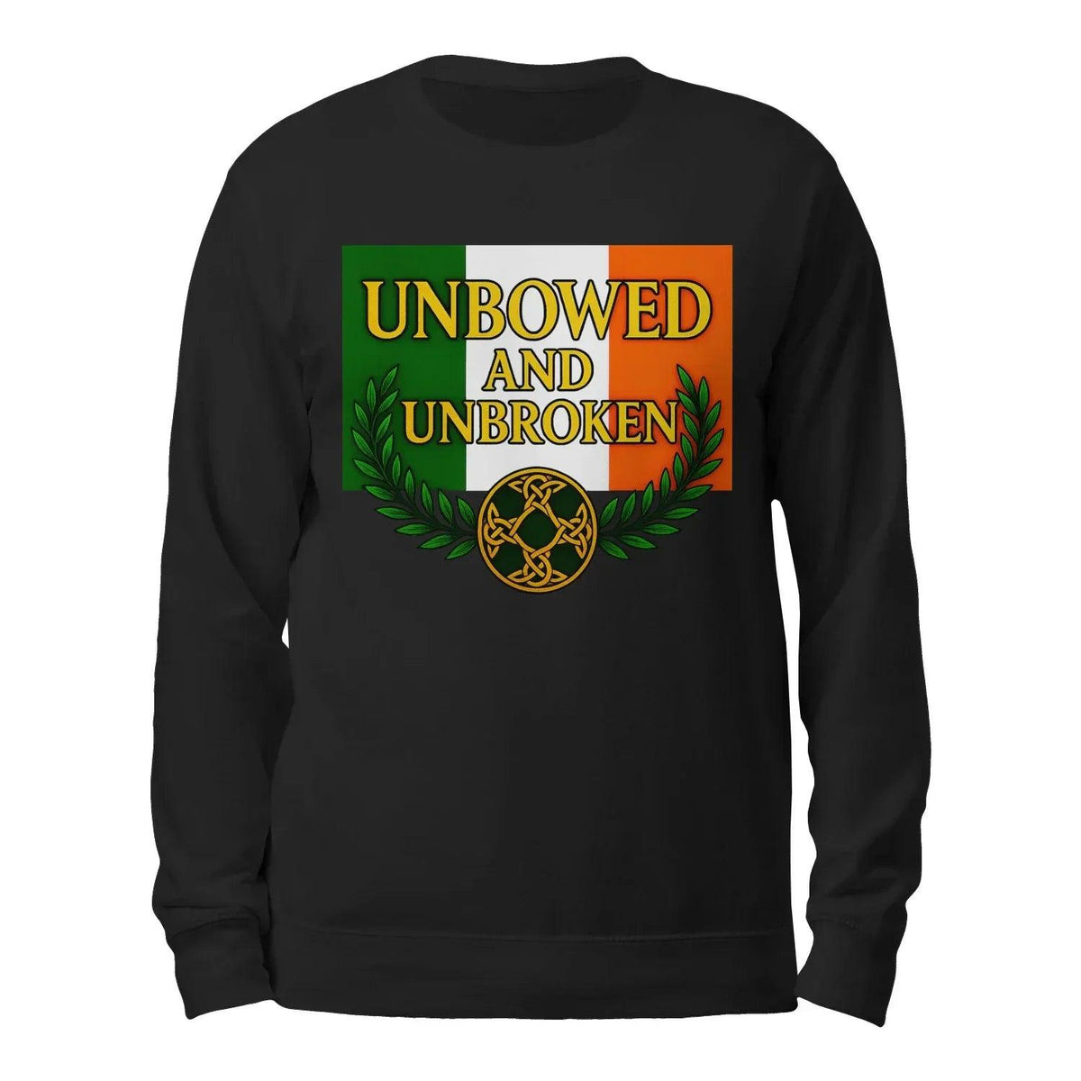 Black crewneck sweatshirt with “UNBOWED AND UNBROKEN” logo graphic on the chest