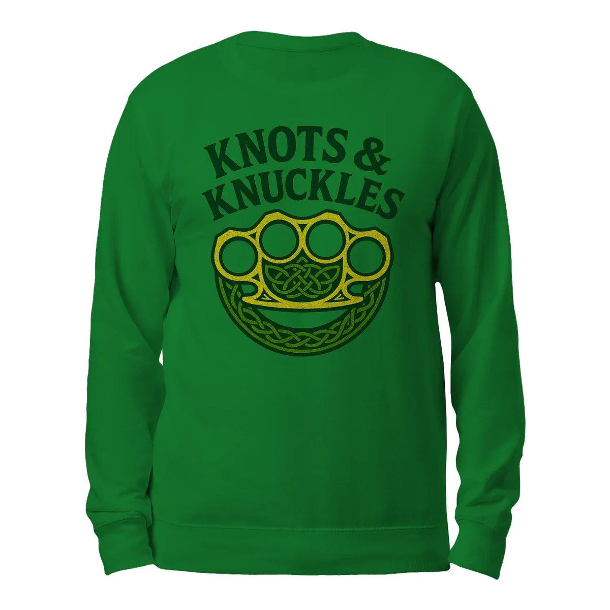 Green sweatshirt back with Celtic knot face graphic, crewneck, long sleeves