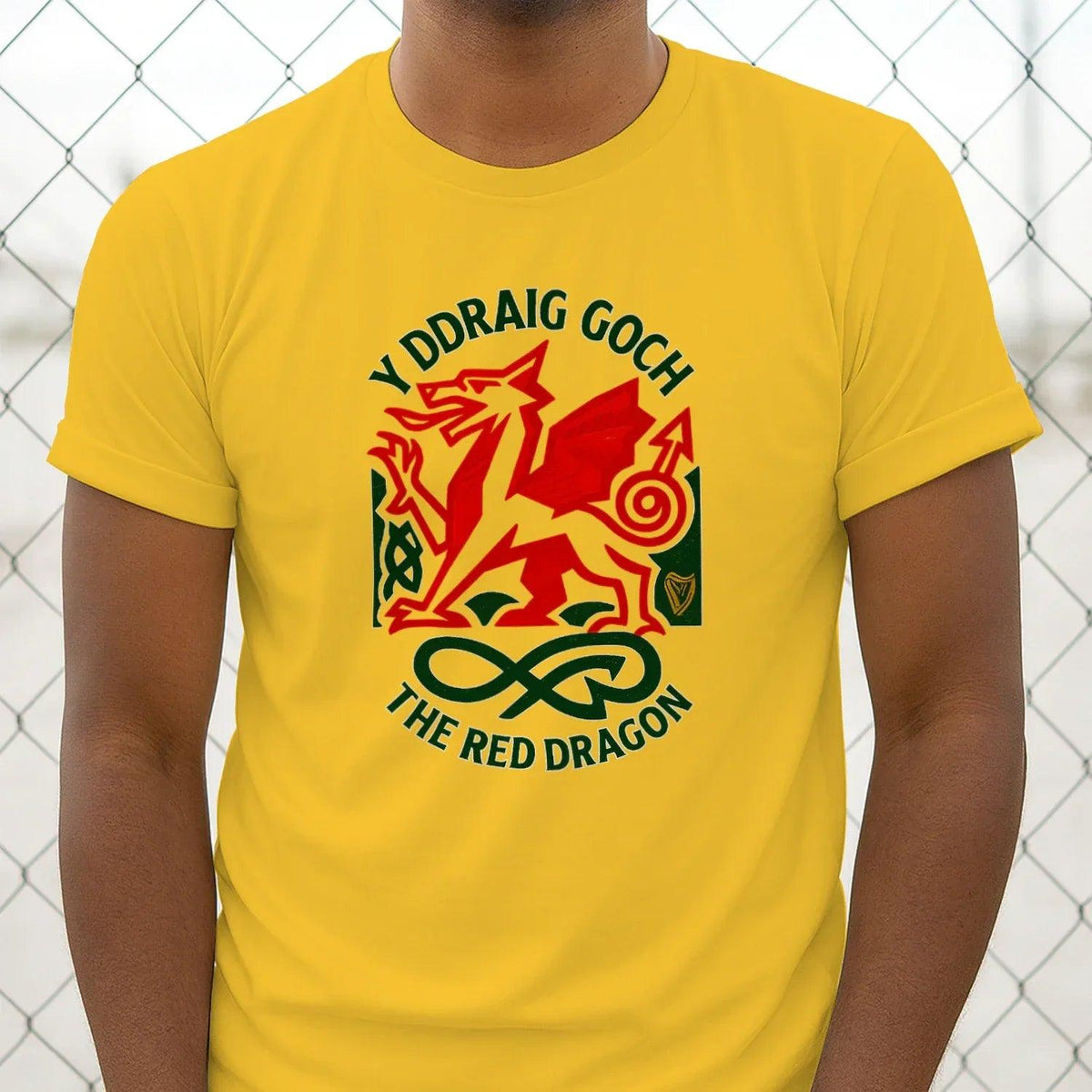 Wales dragon T-shirt, bright yellow, crew neck, short sleeves, chest red dragon crest print