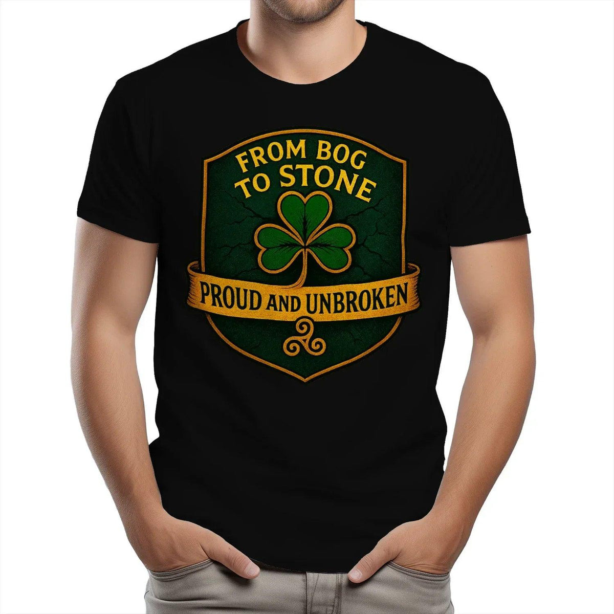 Black crew-neck T-shirt with large shield clover graphic reading "From Bog to Stone"