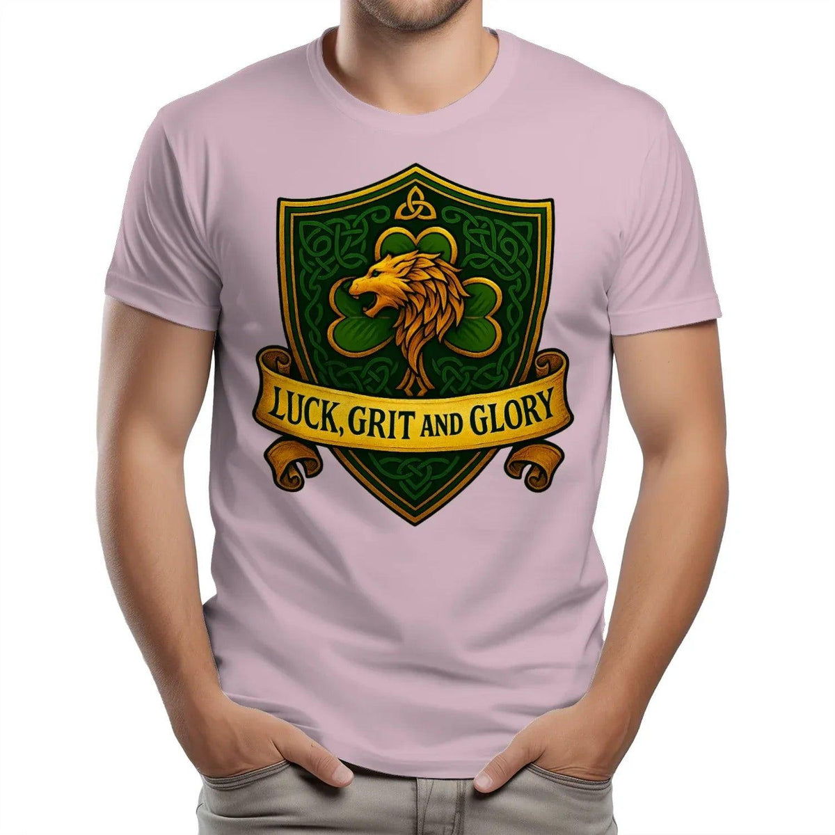 Pink heavy T-shirt with lion shield graphic: 'LUCK, GRIT AND GLORY'