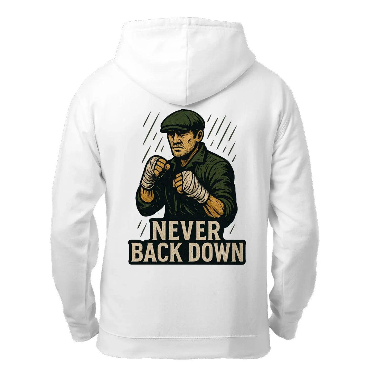 White zip hoodie back view with large 'NEVER BACK DOWN' character graphic and hood.