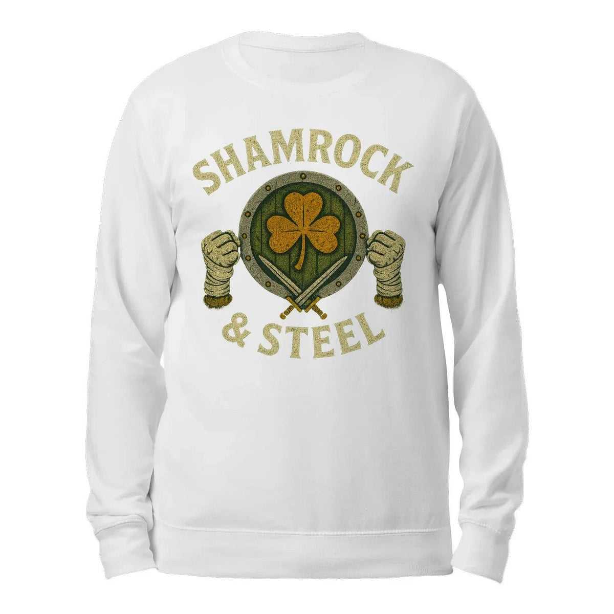 White crewneck sweatshirt back, Shamrock & Steel graphic centered, long sleeves