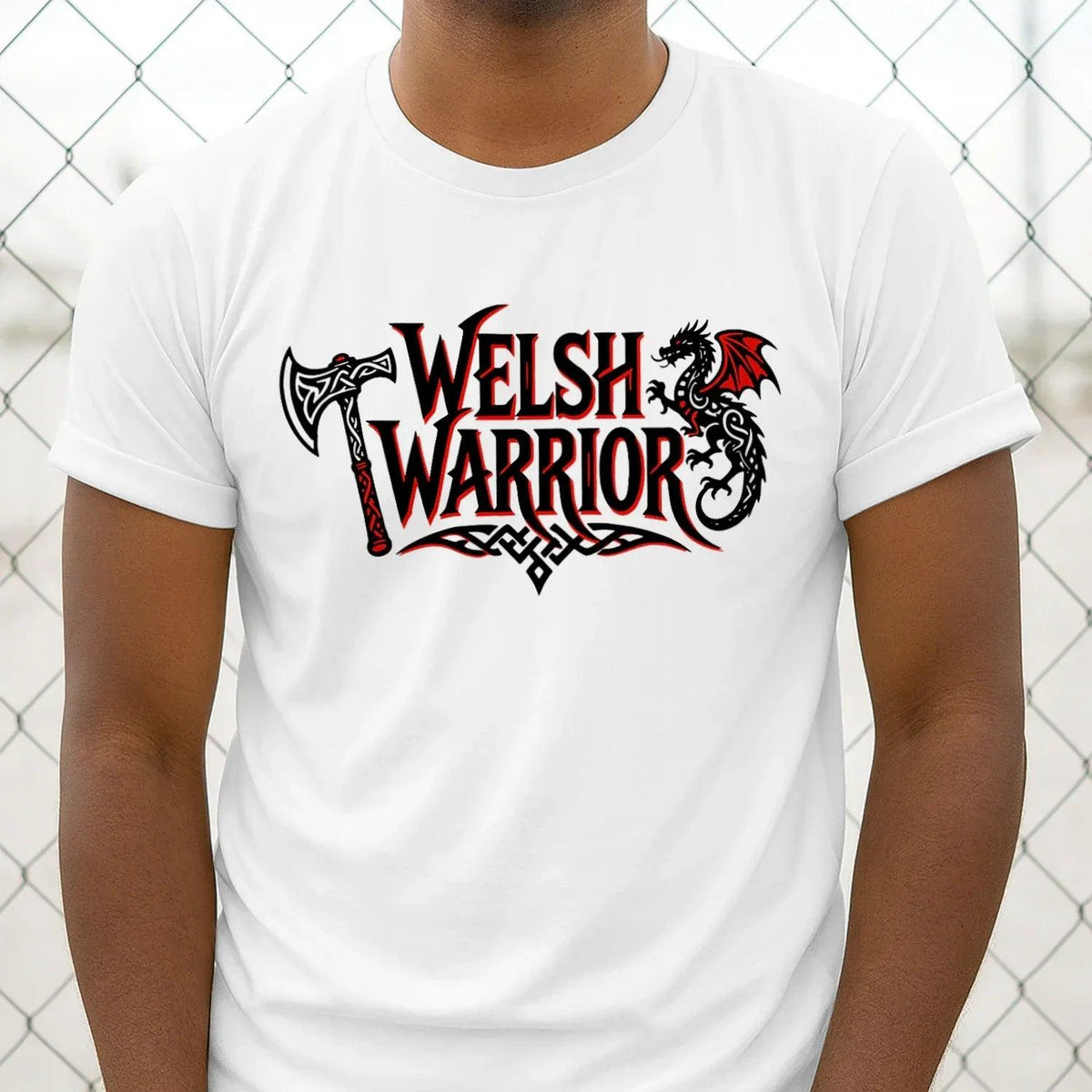 Unisex graphic t-shirt, white, short sleeves, Welsh Warrior logo on chest